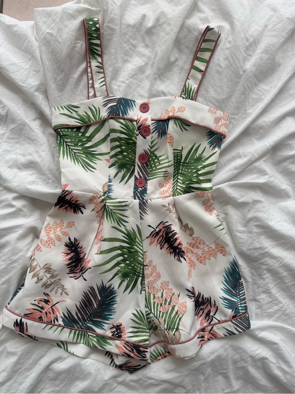 Tropical Leaf Print One-Piece Romper - White/Green/Pink